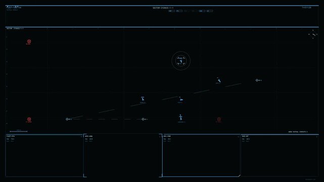 Tactical fleet command interface with sector map telemetry data and ship tracking icons