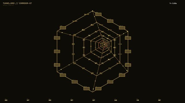Futuristic Amber HUD Hexagonal Tunnel Grid Interface with Real-Time Telemetry and Data Visualisation