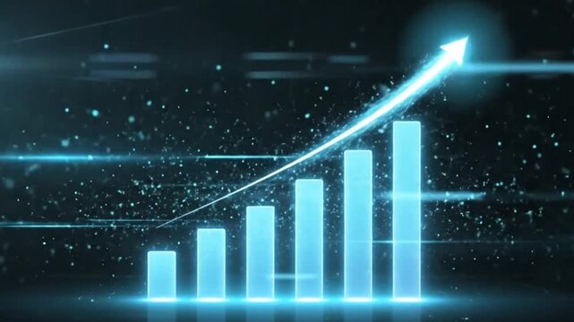 A dark, futuristic background with a glowing blue financial bar chart gradually rising from left to right