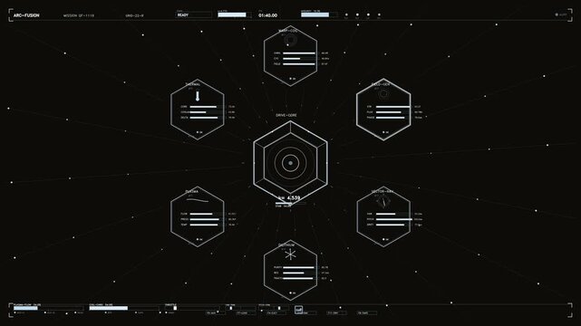 Futuristic sci-fi HUD interface with hexagonal data readouts and technical telemetry display on black
