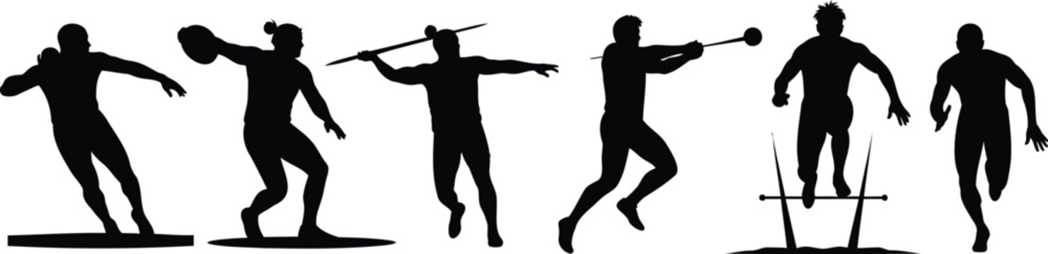 Athletic track and field events collection featuring black silhouette vector design set.