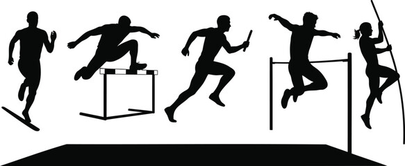 Athletic track and field vector silhouette illustration of runners hurdlers and jumpers. © MDRAYHAN