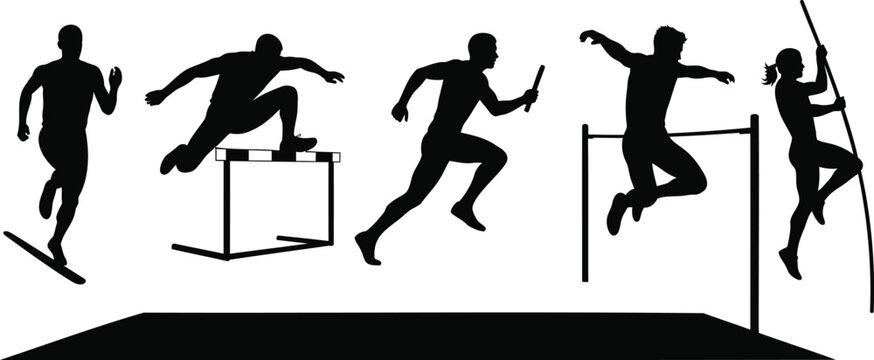 Athletic track and field vector silhouette illustration of runners hurdlers and jumpers.