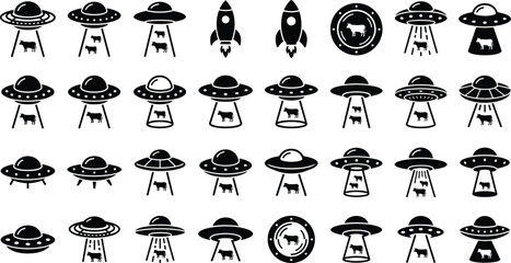 UFO and Alien Spaceship Icon Set with Flying Saucer and Rocket Silhouette Vector Collection © Bappi