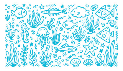 Hand drawn marine life doodle set with tropical fish seahorse jellyfish and underwater plants in line art © Arshad