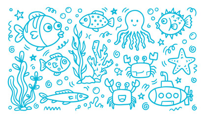 Playful aquatic life doodle set with cartoon fish octopus crabs and submarine in line art style © Arshad