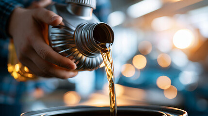 Obraz premium Motor oil pouring smoothly from silver plastic canister in bright clean environment regular vehicle maintenance routine with warm lighting and systematic engine care procedure