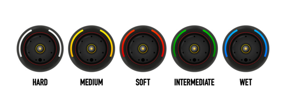 F1 concept. Collection wheels in different colors. Diferent type soft, hard, medium, intermediate, wet tire. Strategy team. Vector illustration.
