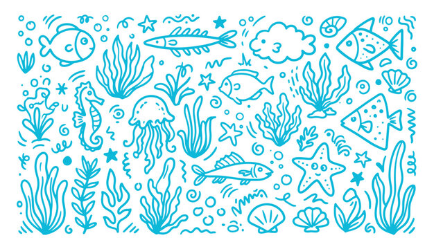 Hand drawn marine life doodle set with tropical fish seahorse jellyfish and underwater plants in line art