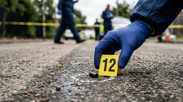 Forensic investigator placing evidence marker at outdoor crime scene during police criminal investigation