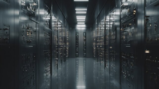 Modern server room corridor with rows of rack cabinets, flashing lights, and screens, creating a high tech environment for managing big data and global networks
