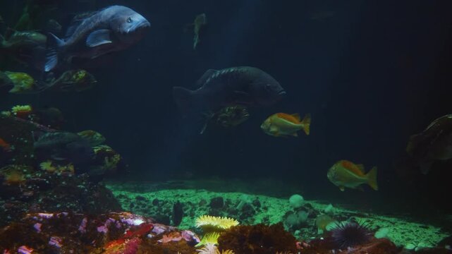 A group of Flagtail Characin (Semaprochilodus taeniurus) fish, also known as Silver Prochilodus, swims in a dimly lit underwater environment.