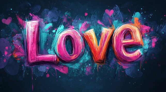 Colorful 3D "Love" word art with paint splatters.