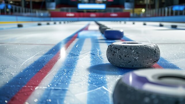 Professional curling stones placed strategically on the frozen icy surface of a competition rink during a high stakes winter sport match held at an arena