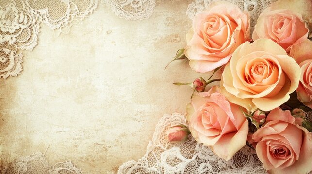 Peach roses and lace on vintage background.