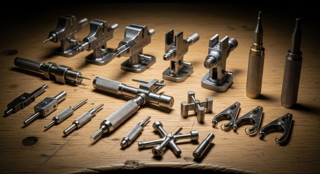Collection of various metal precision vises clamps and tools arranged on a wooden surface