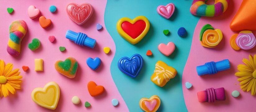 Colorful heart-shaped candies and playful sweets on pink and blue background.