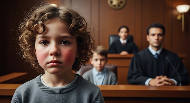 A child, red-cheeked, in a courtroom; judges and another child in the background