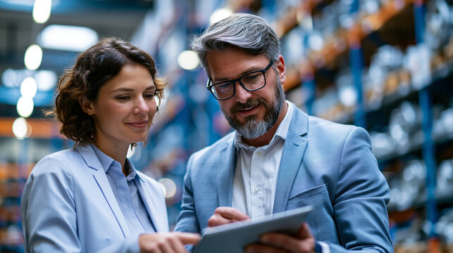 Automotive logistics team working accurately in bright industrial parts warehouse environment stock control with organized supply chain and systematic professional safety