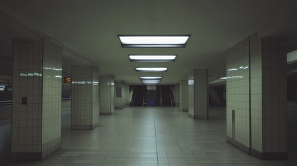 Fototapeta premium Empty underground metro platform with symmetrical tiled pillars, glowing rectangular ceiling lights and distant escalators, conveying urban transit, solitude and waiting