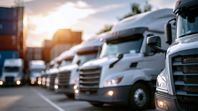 Row of semi trucks organized in bright parking lot ready for freight and cargo transport big rig fleet with shipping containers visible in systematic professional arrangement
