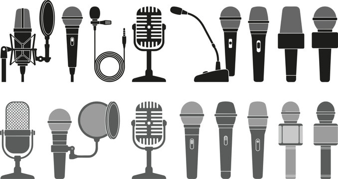 Professional Microphone Icon Collection Featuring Studio Condenser Mics, Lavalier Lapel Mics, Desktop Conference Microphones, and News Interview Mics for Broadcasting, Podcasting, and Journalism