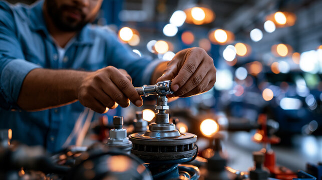 Close up mechanic's hands working on suspension and brake system with bright workshop lighting red hydraulic jack lifting vehicle for systematic undercarriage service and