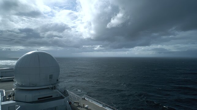 Ship deck with a radar radome scanning ahead across vast ocean under brooding clouds, evoking maritime navigation, technology and exploration on open, moody seas