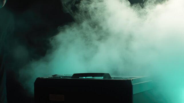 Thick glowing fog from a smoke machine fills a dark space with ethereal, atmospheric vapor, creating dramatic, mysterious lighting and diffuse beams for stage or club scenes