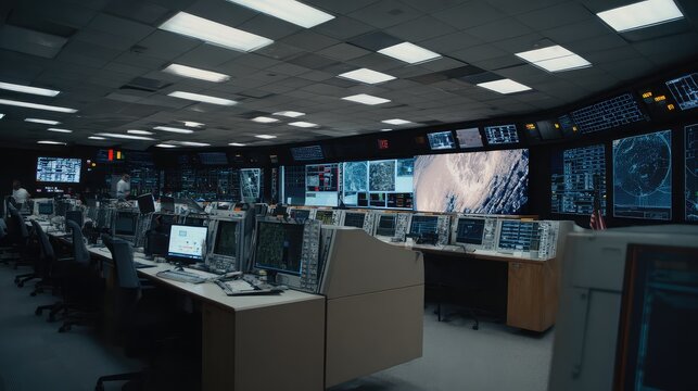 Futuristic command center monitors global data and space missions, with multiple screens displaying technical information, planet surfaces, and detailed maps for critical oversight