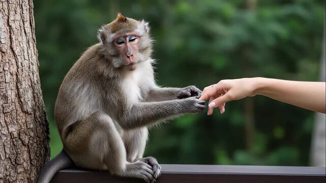 Playful monkey reaching for human hand in lush forest