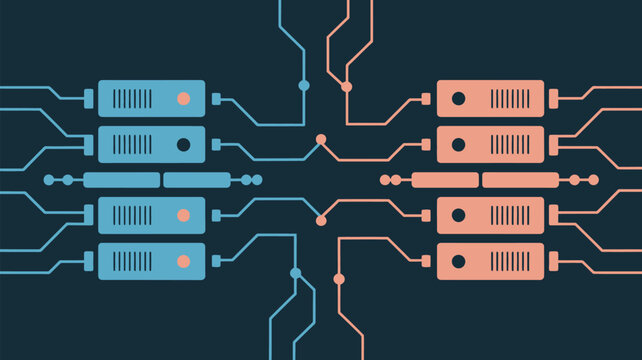 Digital infrastructure servers connected in network on dark background