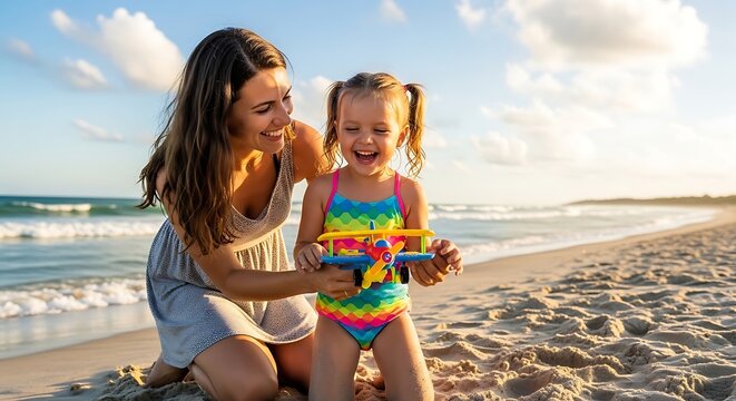 Smiling Young Woman and Little Girl Playing with Colorful Toy on Sunny Beach