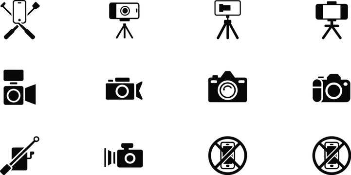 Selfie stick icon set, modern vector illustrations featuring monopods tripods and phone holders representing mobile photography and social media content creation tools.