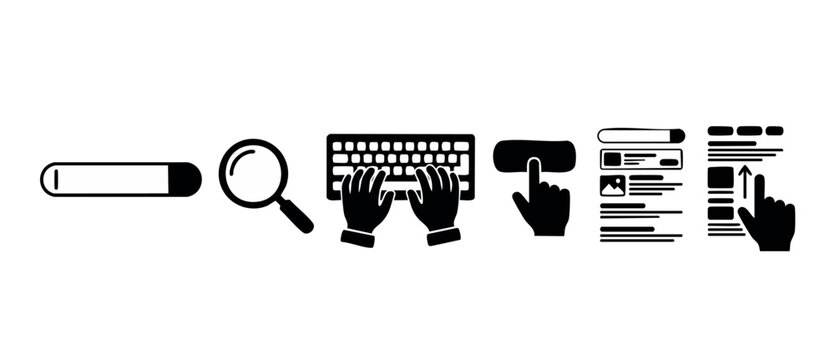 Search Engine Optimization SEO Icons Set for Website UI Design, featuring search bar, magnifying glass, keyboard typing, clicking button, and webpage scrolling interface elements for digital marketing