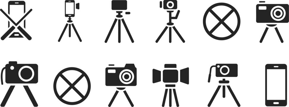 Selfie stick icon set, clean line art icons of selfie monopod and tripod stands for smartphone photography and digital content production applications.