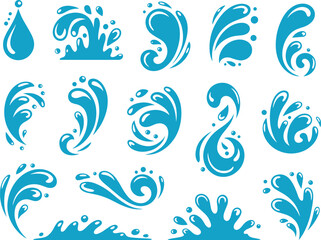 Fototapeta premium Set of blue water splash elements and droplets isolated on light background for liquid, wave, and fluid design