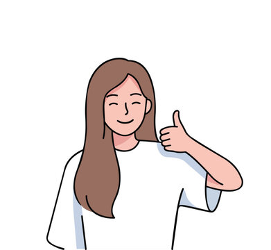 Relaxed young woman giving thumbs up positive feedback flat vector illustration