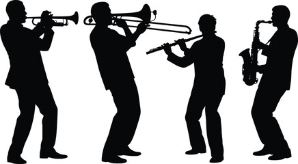Silhouettes of musicians playing trumpet, trombone, flute, and saxophone, dynamic ensemble performance artwork for jazz and classical music © Hadiul