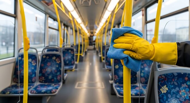 A gloved hand wipes a pole inside a bus, showing empty seating