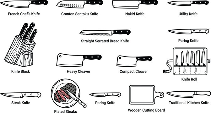 Kitchen Knife and Cooking Tool Illustration Set with Chef Cleaver Santoku and Cutting Board Vector Collection