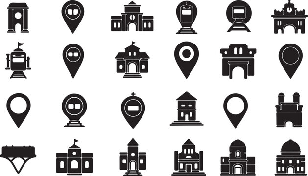 Black icons of buildings and landmarks.
