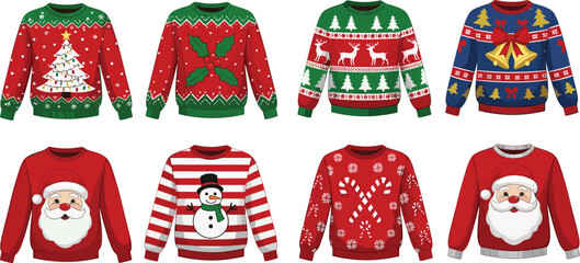 Colorful Christmas ugly sweater collection featuring Santa Claus snowman reindeer christmas tree and festive ornaments vector illustration set for winter holiday. © Aminul