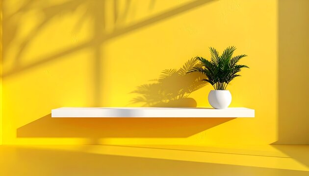 Bright yellow room with white shelf, plant, and leaf shadows