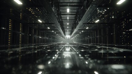 Fototapeta premium Futuristic data center corridor lined with glossy server racks, glowing led lights and reflective floor conveying depth, advanced network infrastructure and secure cloud computing