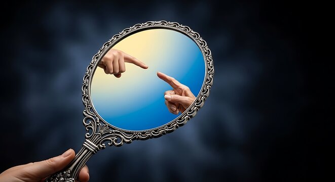 A hand holds a decorative mirror; reflections of two fingers touching, set against a dark backdrop