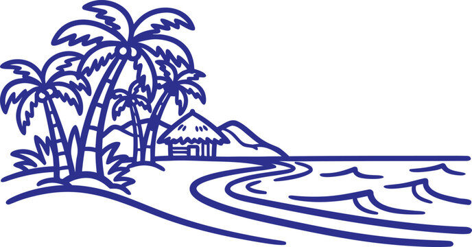 Tropical beach scene with palm trees and a hut