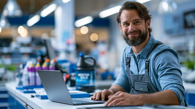 Store worker standing at bright organized counter with automotive products laptop and motor oil professional automotive parts retail service with clean contemporary store