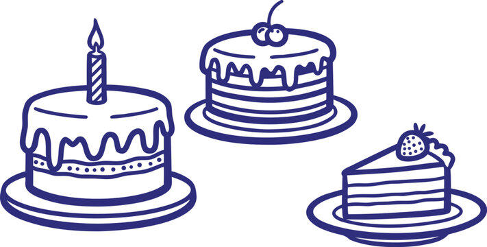 Birthday cakes and slice of cake with candle
