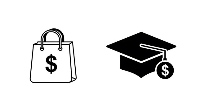 Black leather handbag and wallet with dollar sign symbol on white background
